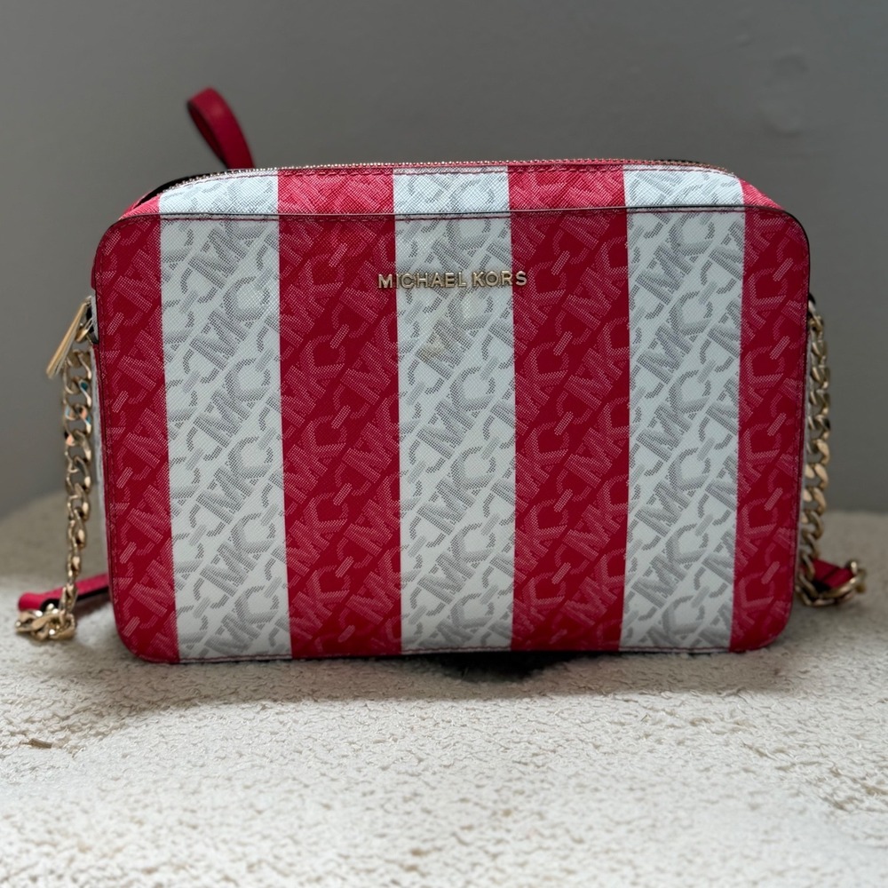 Michael Kors Red Pink White Stripe Logo Crossbody Bag Camera Bag Preppy Y2K Bag